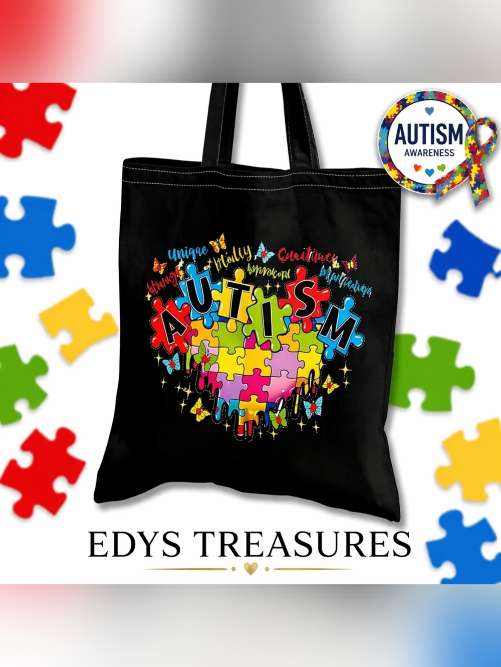 Autism Awareness Colorful Puzzle Heart Black Tote Bag NEW
